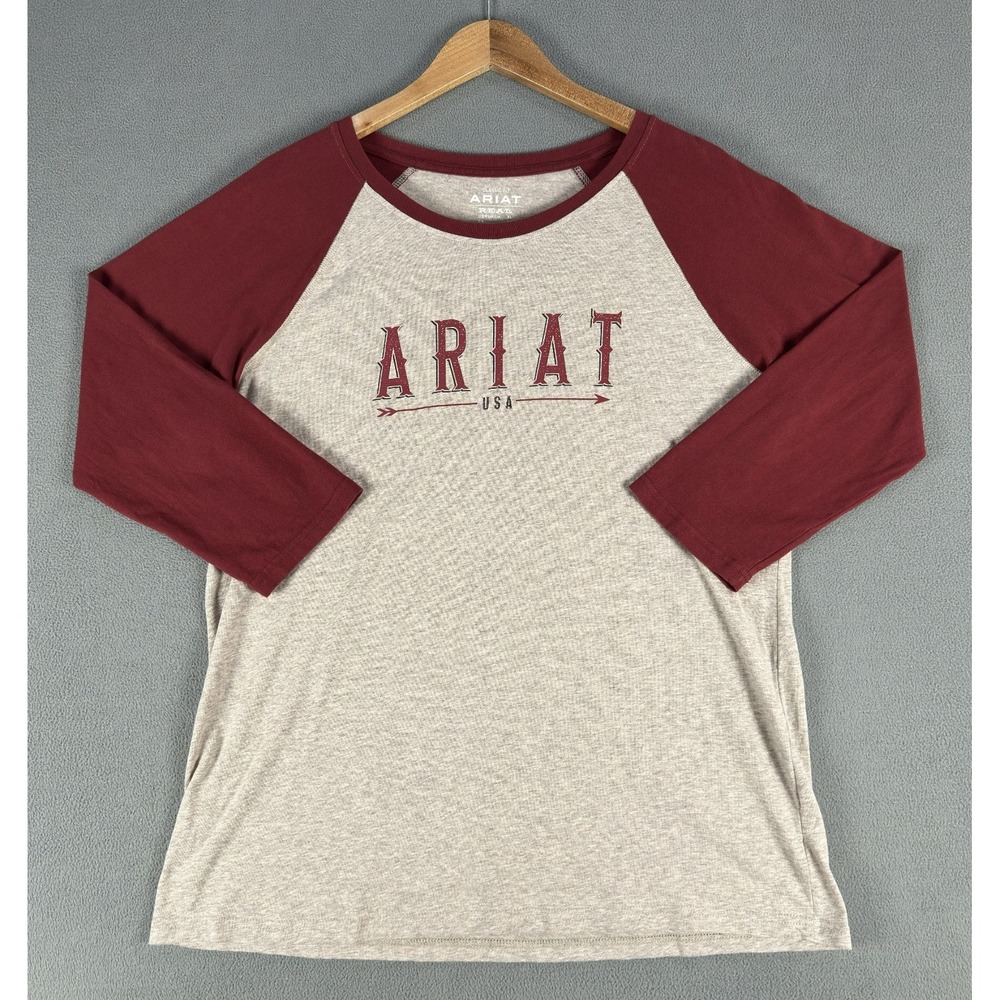 Ariat Shirt XL Beige Red REAL‎ Arrow USA Baseball Tee Western Cowgirl Rodeo